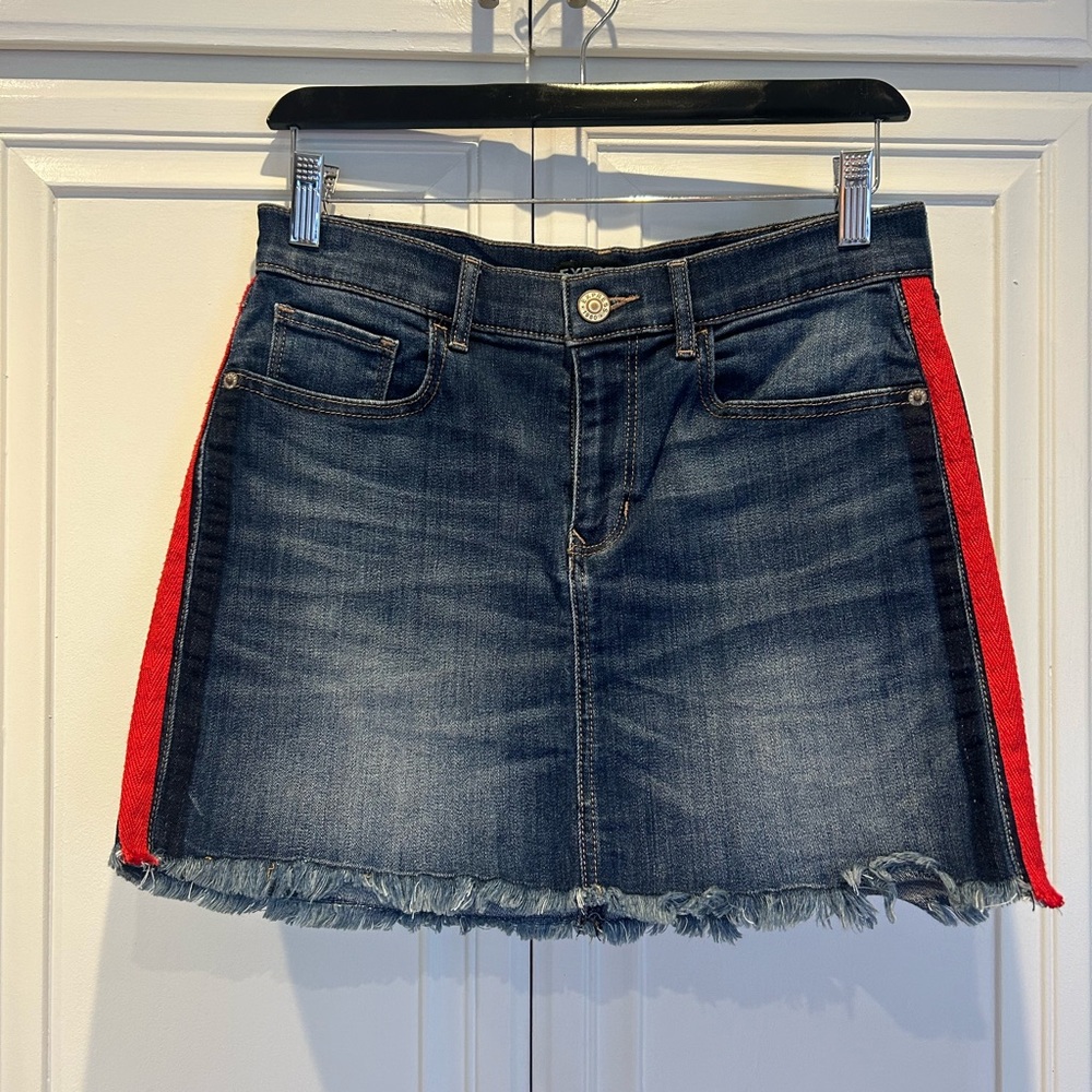 EXPRESS Denim Mini Skirt with Red side stripe. Size 2